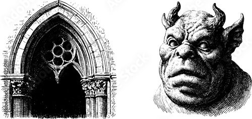 Gothic architecture and gargoyle engraving for historical design and artistic inspiration