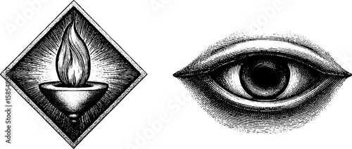 Mystical symbols: engraved guru and third eye illustrations for spiritual design