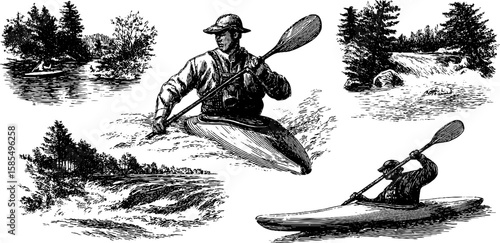 Engraved kayaking and paddling scenes for outdoor adventure designs