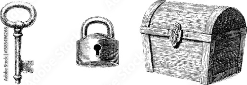 Vintage engraved key, lock, and treasure chest set for retro design themes
