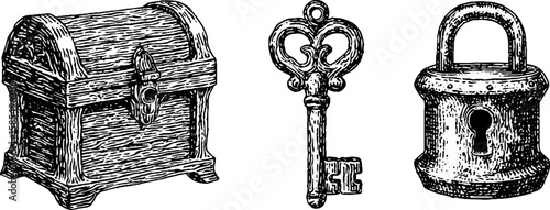 Vintage engraved set with chest, key, and lock for antique design concepts