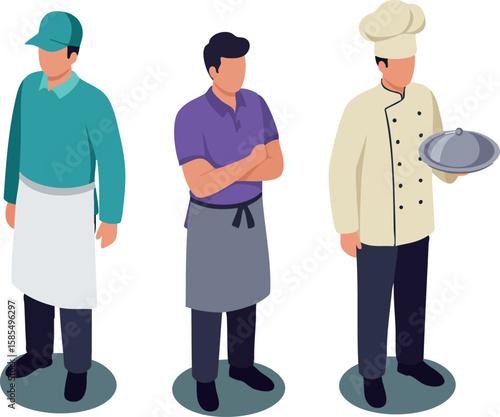Group of professional male chefs and cooks wearing uniforms and aprons in restaurant kitchen environment