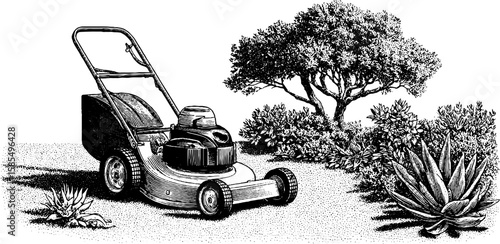 Engraved illustration set featuring lawn care and landscaping with trees and plants