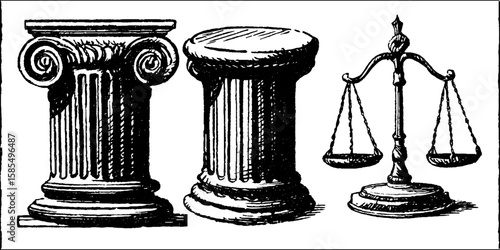 Engraved illustration of legal and justice symbols with gavel and scale
