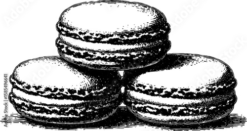 Detailed engraving of macaron stack for confectionery design and culinary art projects