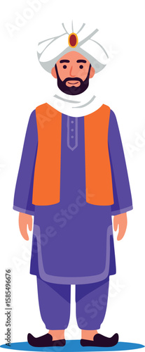 Man wearing traditional Middle Eastern clothing with turban and orange vest vector illustration
