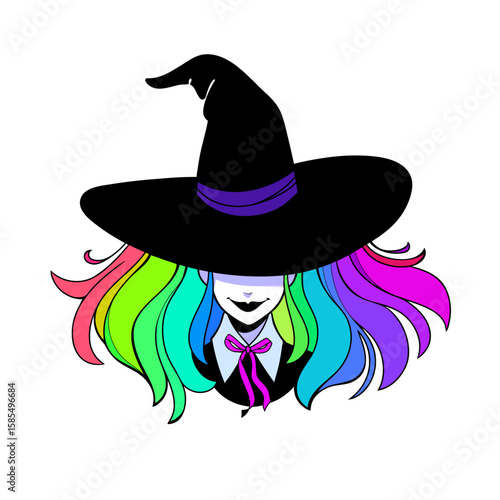Smiling girl with multi-colored hair in a witch hat