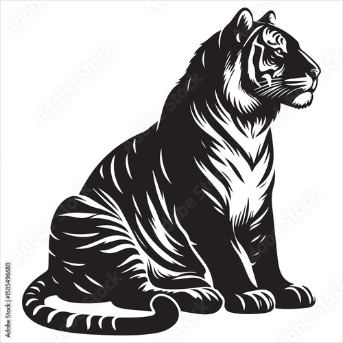siting tiger face Silhouette Vector Art, and Graphic, vector black color silhouette , solated white background 