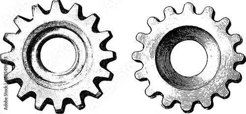 Vintage engraved illustration set of manufacturing cogs ideal for industrial design projects