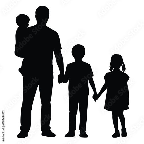 Family silhouette illustration of adult holding child with two kids standing beside, symbolizing care, bonding, and togetherness on white