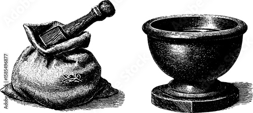 Historical engraving of traditional miller tools and millstone for heritage designs