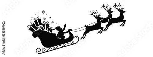 Christmas silhouette of Santa Claus in sleigh pulled by reindeer with stars, snowflakes, and gift sacks, symbolizing festive winter celebration