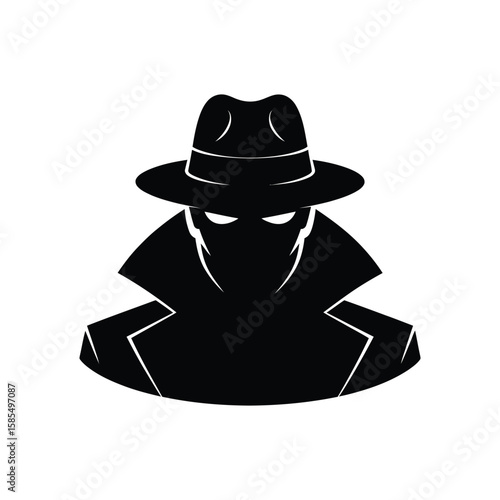 Mysterious silhouette of secret agent in trench coat and fedora hat, face concealed except for eyes, symbolizing espionage and stealth