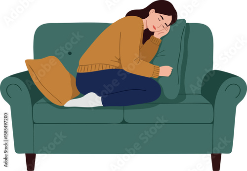 Woman resting peacefully asleep on green sofa wearing brown sweater and blue pants in cozy home environment