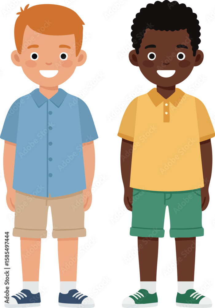 Naklejka premium Two smiling boys standing side by side wearing casual summer clothes and sneakers cheerful vector illustration