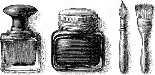 Vintage nail art and polish set with engraved ink bottles and brushes