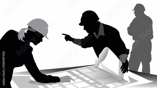 Silhouette of construction team reviewing blueprints with a supervisor pointing at the design plan