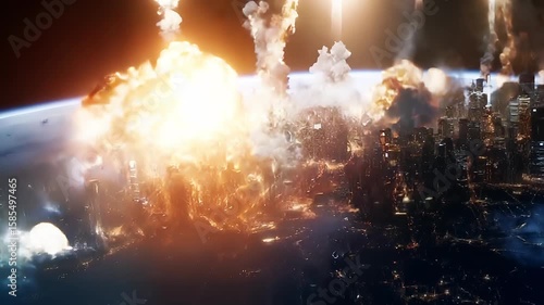 Fiery Missiles Destroying Skyscrapers on Earth's Surface. Nuclear War Related AI Concept.