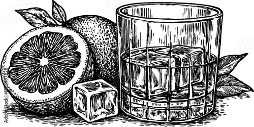 Classic negroni cocktail and orange slices in detailed engraving design