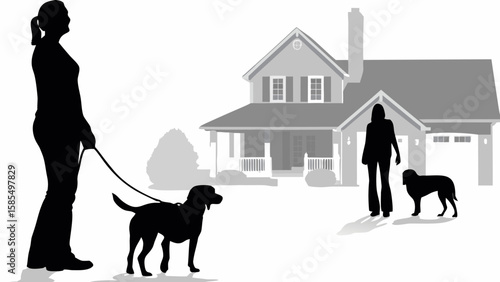 Silhouette of woman walking dog on leash near house with another person and dog in the yard