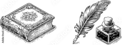 Vintage literary tools: engraved book and quill pen for historical design projects