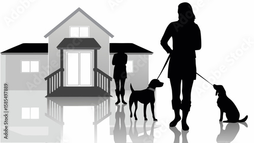 Silhouette of people walking dogs in front of a house with reflections on the ground surface seen here