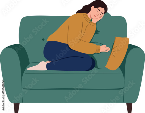 Woman resting peacefully on green sofa with mustard sweater and navy pants indoor relaxation scene vector illustration
