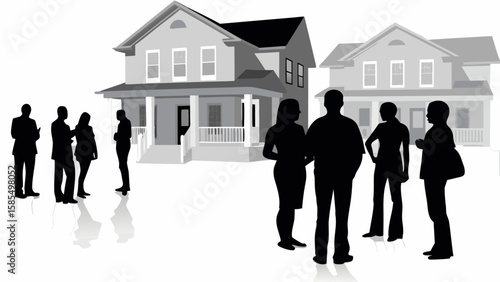 Silhouette figures gathering outside two residential houses in a neighborhood setting outdoors scene