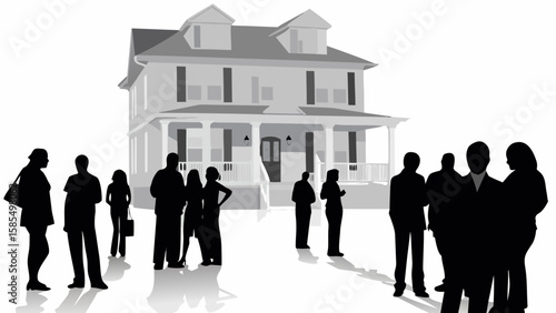 Silhouette of people gathered in front of a two story house with dormers and a covered front porch