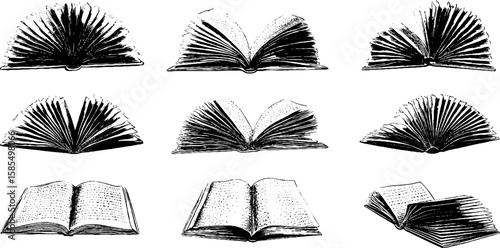 Vintage engraved illustration set of flip books for retro design projects