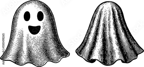 Engraved illustration set of vintage ghost motifs for halloween designs and decorations