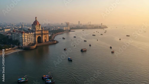 Aerial View of Gateway of India and Mumbai Skyline at Sunrise