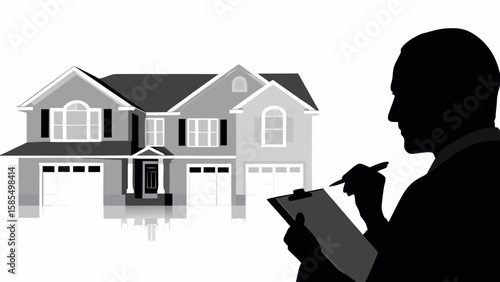 Silhouette of a man inspecting a house with clipboard and pen making notes on a white background
