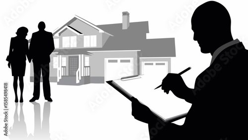 Silhouette of couple with house in background and appraiser taking notes on a clipboard in the foreground