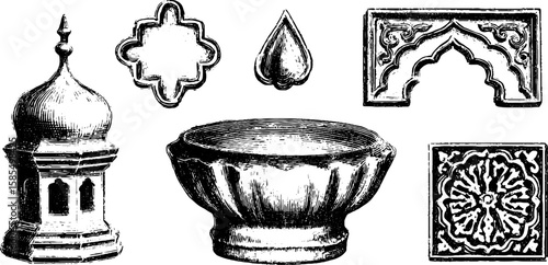 Orientalist minaret and decorative elements engraving set for design and architecture inspiration