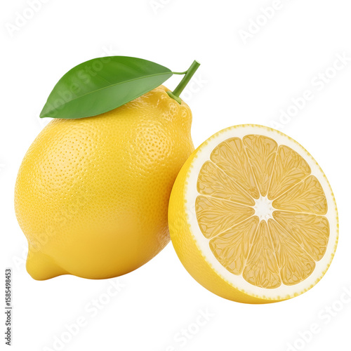 3d icon of a fresh lemon and a lemon slice isolated on transparent background