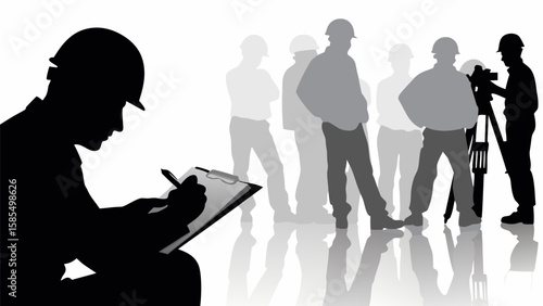 Silhouette of engineer taking notes with a group of workers and equipment in the background