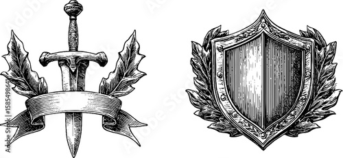 Medieval heraldry elements with shield and sword illustrations for historical design