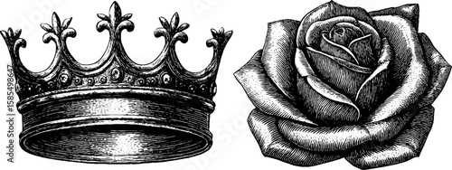 Engraved illustration of princess tiara and rose for design projects