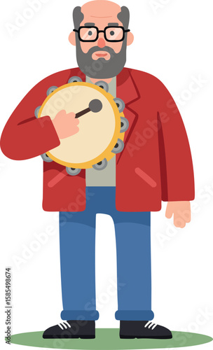 Elderly man playing tambourine standing on grass wearing red jacket and blue jeans vector illustration