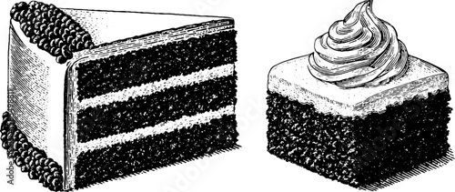 Engraved illustration of red velvet cake set for dessert lovers and culinary art