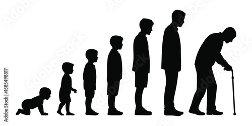 Silhouetted progression of human life stages from baby to elderly, showcasing growth, aging, and development in minimal conceptual design