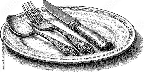 Elegant engraved illustration of restaurant cutlery and plate design