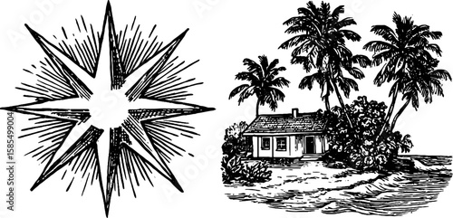 Retro roadside motel and nautical star engraved illustrations for vintage design