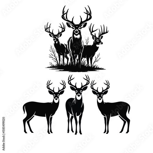 Group of silhouetted deer with antlers in two distinct arrangements on white background, minimalist black wildlife illustration for nature themes