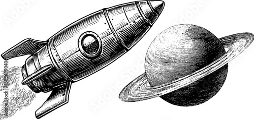 Vintage space exploration with engraved rocket and planet artwork