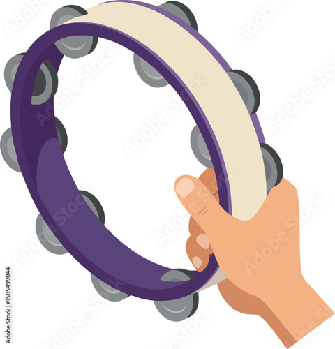 Hand Holding Purple Tambourine Musical Instrument for Rhythm and Entertainment Vector Illustration