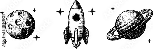 Vintage engraved space exploration set featuring rocket and planets