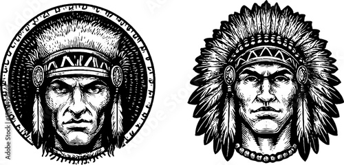 Intricate engraved illustrations of shaman symbols and headdresses for cultural design