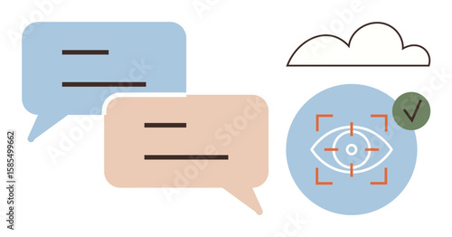 Speech bubbles indicate communication, cloud suggests storage, eye icon with recognition outlines security. Ideal for cloud systems, cybersecurity, AI, data analysis, privacy, networking